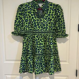 Gretchen Scott Bright Green and Navy Floral-Print Tiered Mini Dress